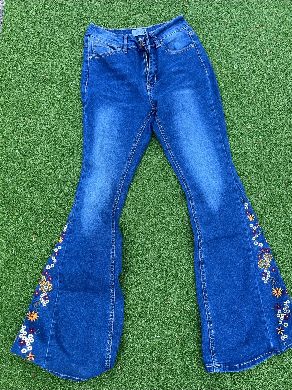 BAMBOO Dark Blue Embroidered Flare Jeans